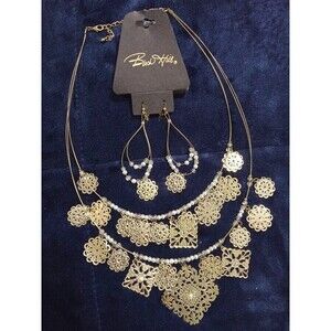 Birch Hill Statement Necklace Earring Set Gold Tone Flowers White Beaded Ornate